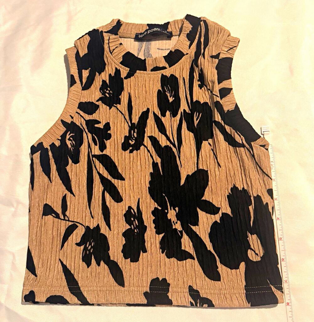 Love Poem Women’s S Beige/Black Floral Knit Round Neck Sleeveless Tank Top